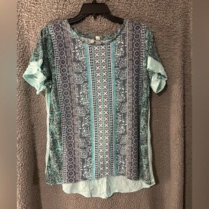 Cato Blue and White Patterned Short Sleeve Top